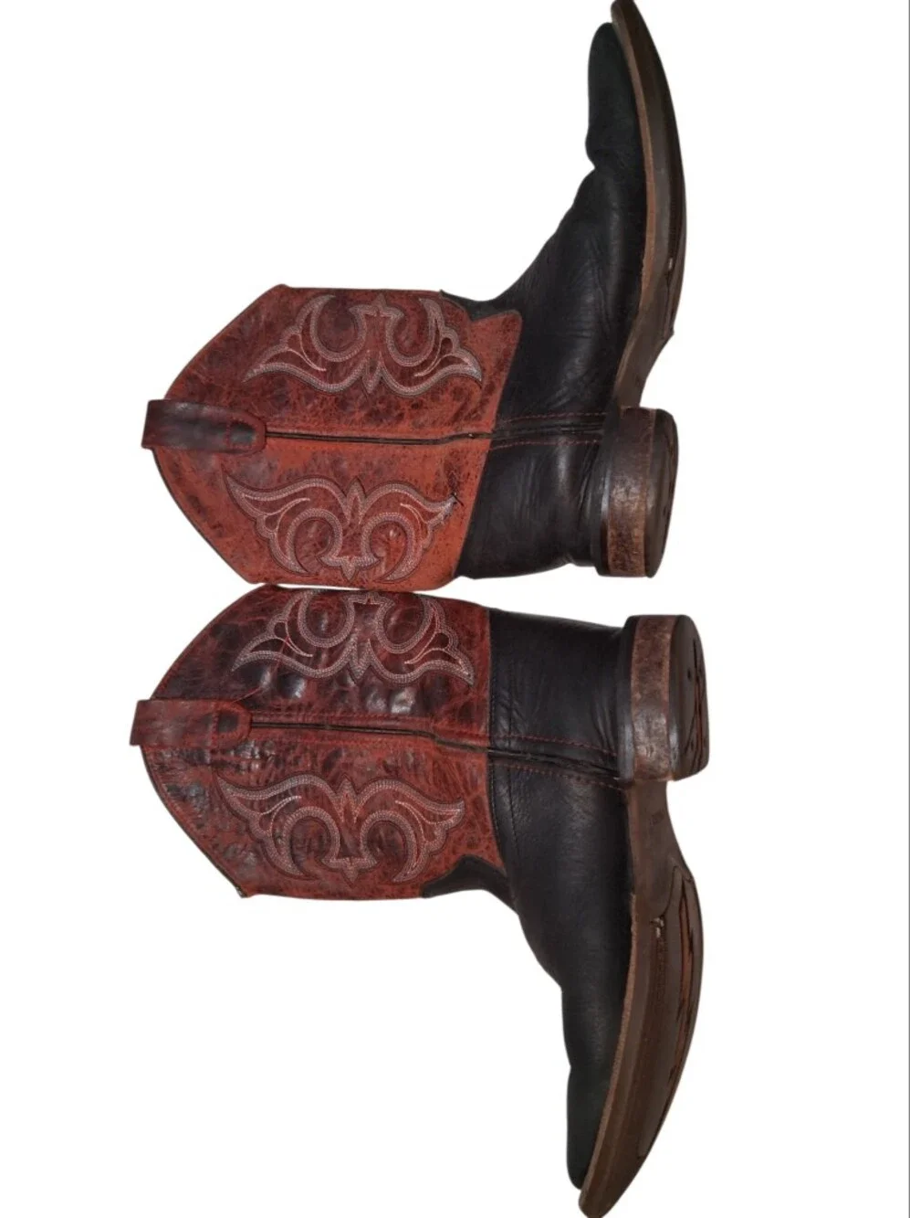 Old West Broad Square Toe Western Cowboy Boots Black & Maroon 2.5D Youth Size